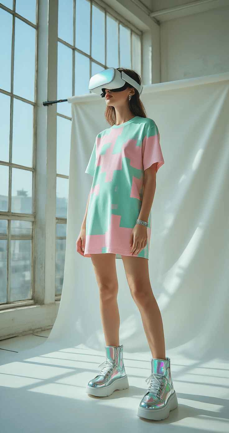 A fashion influencer in a photography studio with natural light, wearing a pastel pixel art T-shirt dress, holographic platform sneakers, and metallic accessories, with a virtual reality headset pushed up; the soft, flowing fabric features subtle digital glitch effects.