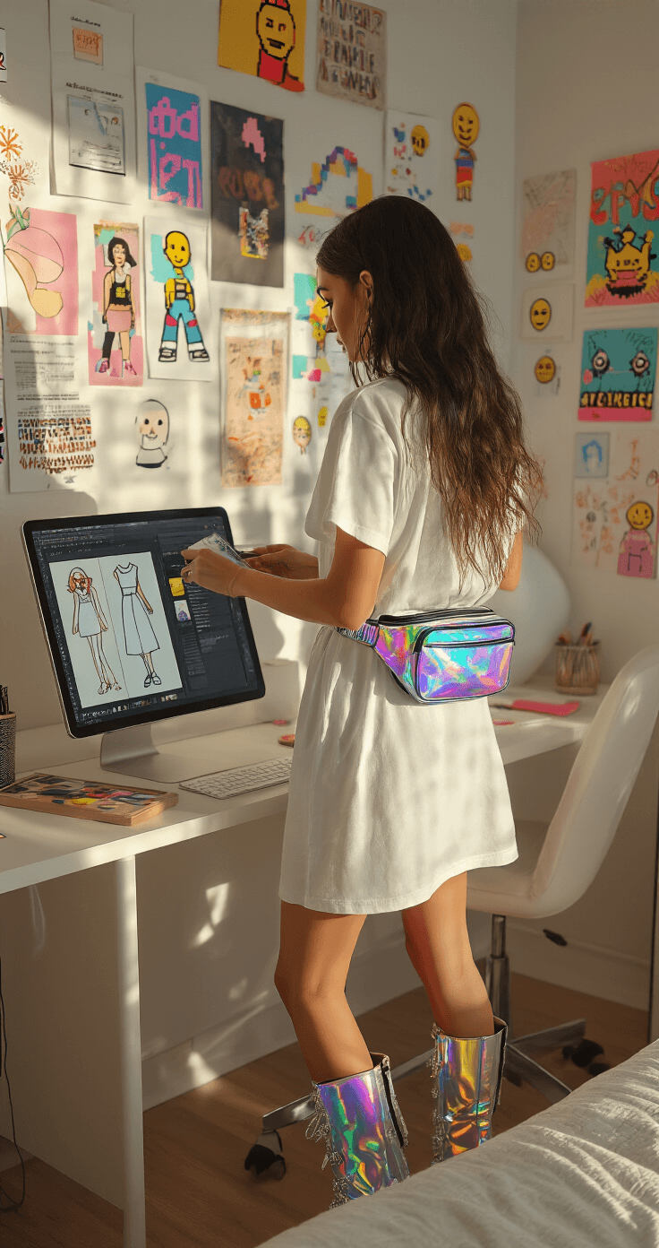 A contemporary bedroom with Y2K-inspired décor, featuring a fashion creator at her desk working on a digital tablet. She wears a white T-shirt dress adorned with doodles and emojis, paired with a holographic belt bag and crystal-embellished combat boots. The room is filled with mood boards showcasing pixel art and streetwear, illuminated by soft afternoon sunlight. The image is captured from above to highlight both the workspace and her outfit.