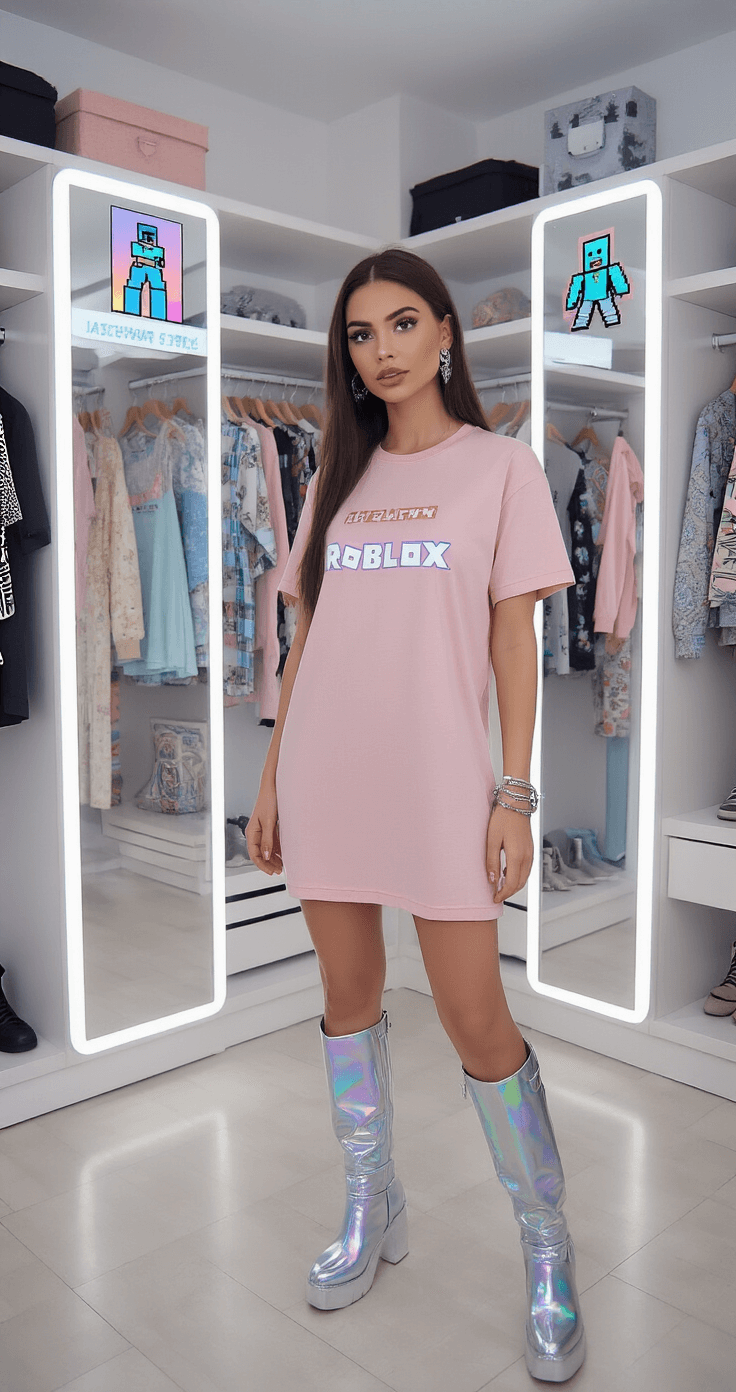A fashion blogger in a millennial pink T-shirt dress with metallic threading poses in a minimalist walk-in closet, surrounded by organized racks of digital-inspired clothing and smart mirrors displaying Roblox avatars, as she photographs her latest T-shirt dress collection.