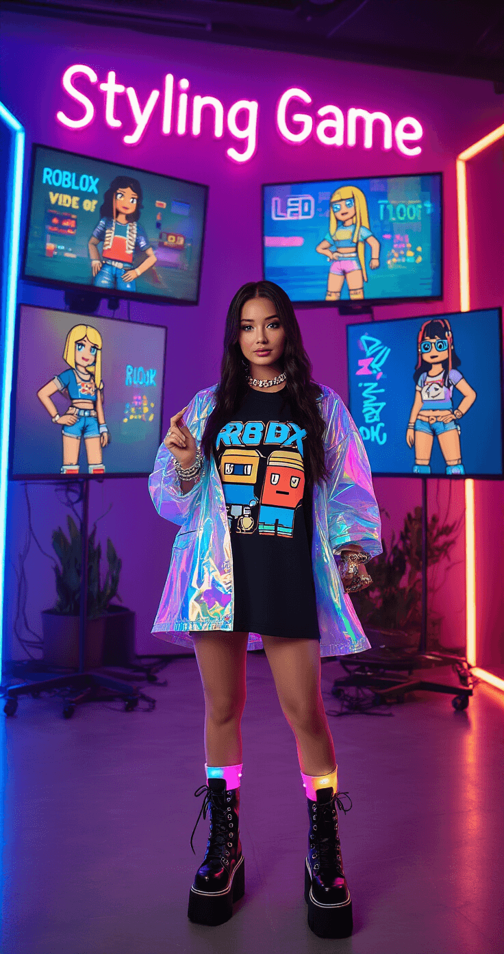 A vibrant indoor studio featuring colorful neon signs and LED panels, showcasing a content creator filming a styling video. She is accessorizing a graphic T-shirt dress with retro game characters, layered with a holographic jacket, chunky platform boots, and illuminated tech-inspired jewelry. Multiple screens display her Roblox avatar in similar outfits, capturing the styling transformation from various angles.