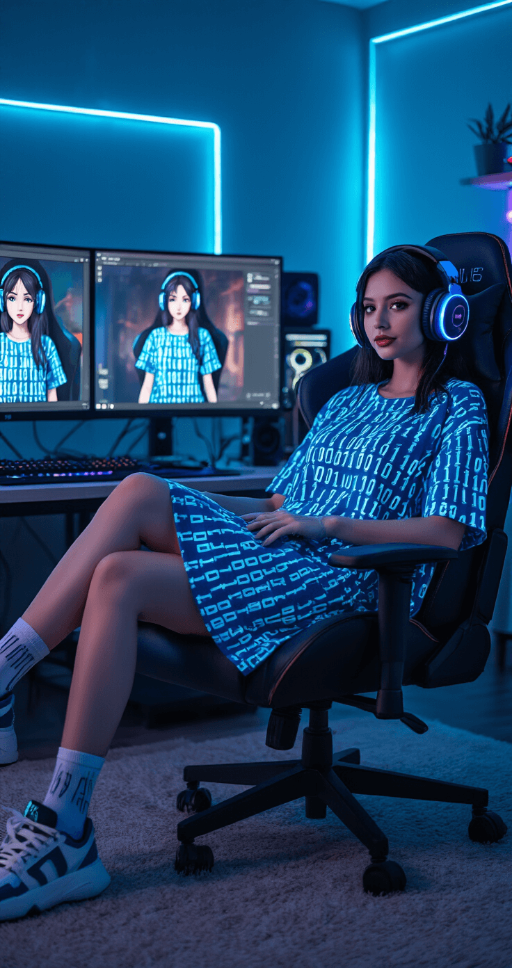 A cozy streaming room at blue hour with RGB lighting, featuring a gaming fashionista in an oversized T-shirt dress with binary code patterns. She wears knee-high mesh socks and light-up sneakers, with gaming headphones. Multiple monitors display her avatar dressed similarly, captured from a cinematic perspective highlighting the blend of gaming and fashion cultures.