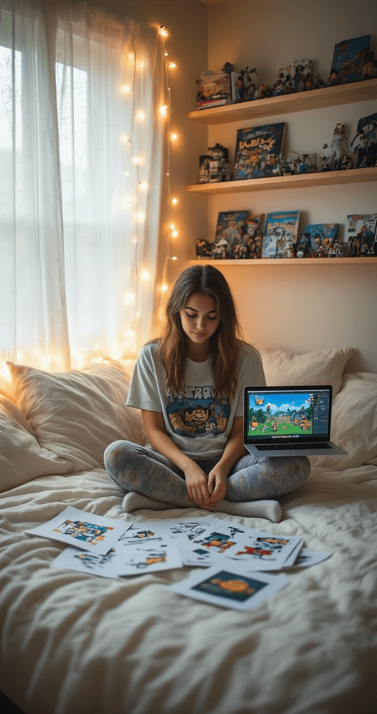 A cozy bedroom corner with string lights and floating shelves holding gaming merchandise; a young woman in an oversized graphic t-shirt and mismatched fuzzy socks sits cross-legged on a plush white bed surrounded by design printouts and her laptop displaying Roblox templates, with natural afternoon light filtering through sheer curtains.