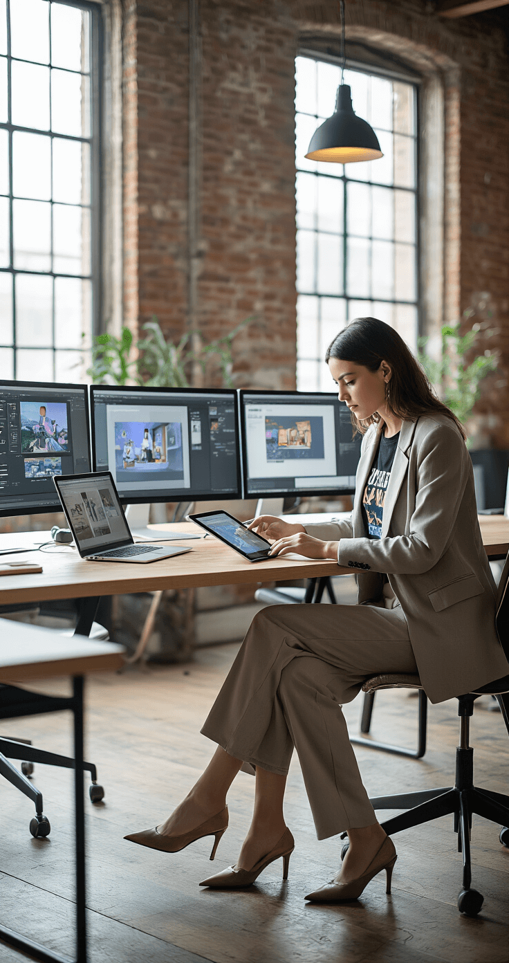 A female designer in a structured blazer, vintage band tee, and high-waisted trousers works at a shared table in a contemporary co-working space with industrial-chic elements. She focuses on her tablet surrounded by multiple screens displaying design software and Roblox templates, illuminated by diffused natural light from large windows.