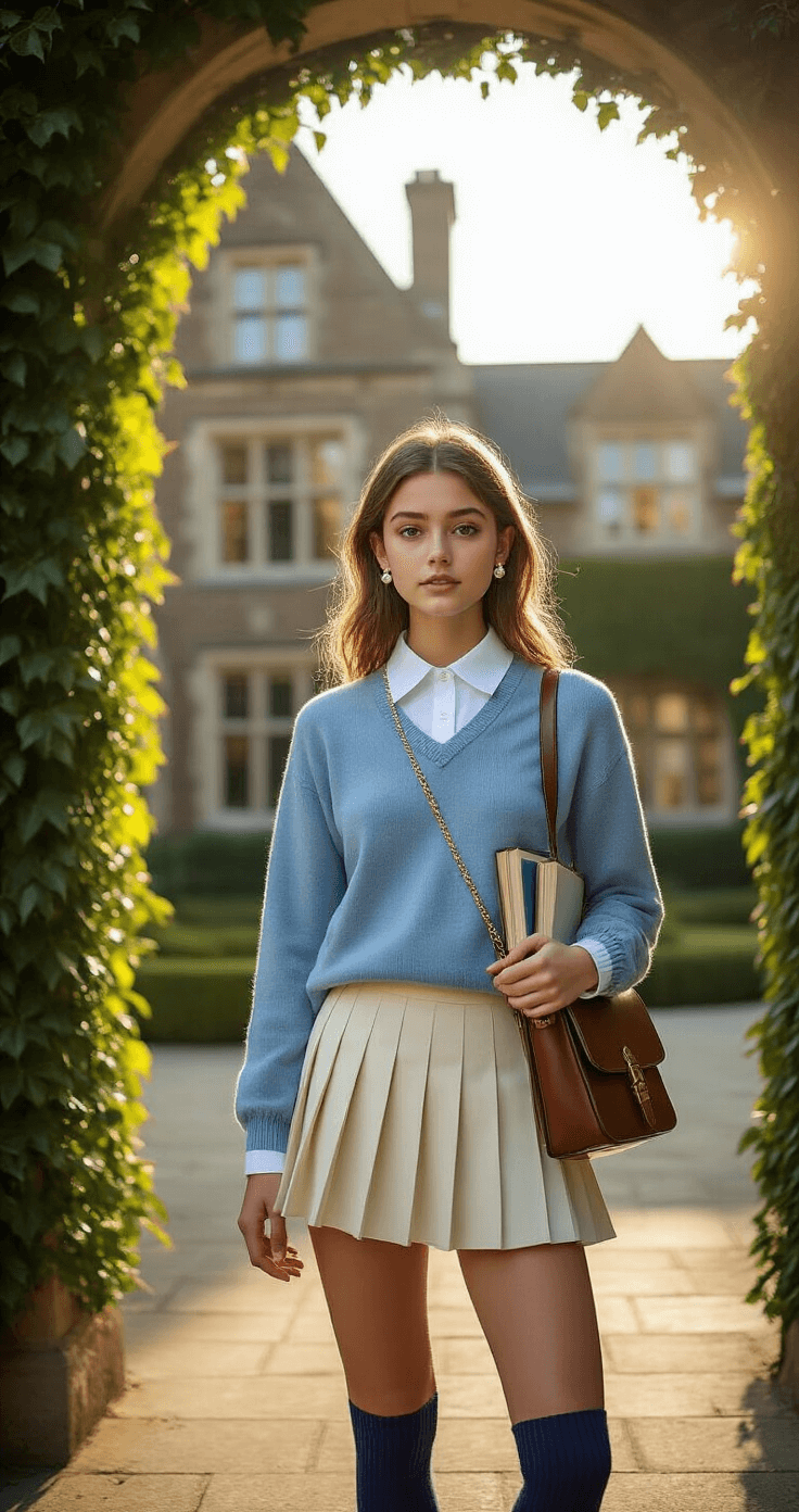 A fashionable student stands under an ivy-covered archway in a sunlit private school courtyard, wearing a white collar shirt under a powder blue argyle sweater, a cream pleated tennis skirt, knee-high navy socks, and brown leather loafers, with pearl earrings and a gold necklace, holding textbooks and a leather messenger bag.