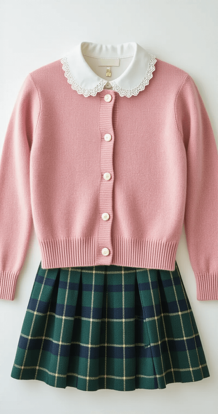 Minimalist studio scene featuring a lay-flat preppy outfit with a pink cashmere cardigan, white peter pan collar blouse, and plaid wool mini skirt, accompanied by white knee socks, patent leather Mary Janes, and delicate gold jewelry, all arranged on a white seamless backdrop.