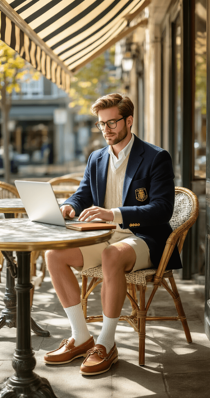 A fashionable student in a navy blazer sits at a café patio table, working on a laptop in dappled sunlight filtered through a striped awning. She wears a white oxford shirt, cream cable knit sweater vest, tailored khaki shorts, white ankle socks, and tan leather boat shoes, completing her look with tortoiseshell glasses and a leather notebook.