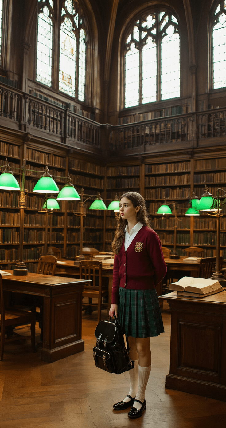 A historic library interior featuring towering wooden bookshelves and emerald green reading lamps. Late afternoon light streams through leaded glass windows, illuminating a student in a traditional prep school uniform: a crisp white button-down, burgundy cardigan with a school crest, and a plaid skirt in navy and hunter green. The model wears black patent leather mary janes, cream knee socks, and carries a structured leather backpack in oxblood, creating a moody academic atmosphere.
