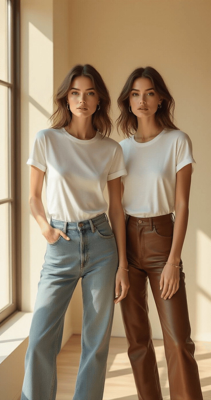 A fashion influencer showcasing a versatile white tee styled in a sunlit minimalist studio apartment, one version tucked into vintage denim and the other draped over leather pants, with natural makeup and delicate gold jewelry.