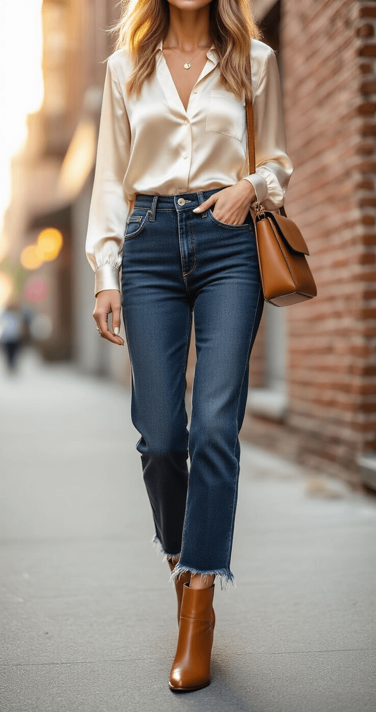 A model in dark wash high-rise jeans and a cream silk blouse walks candidly in a trendy urban neighborhood during golden hour, with sunlight accentuating the denim's rich tones against an industrial brick backdrop, complemented by contemporary jewelry and a structured leather shoulder bag.