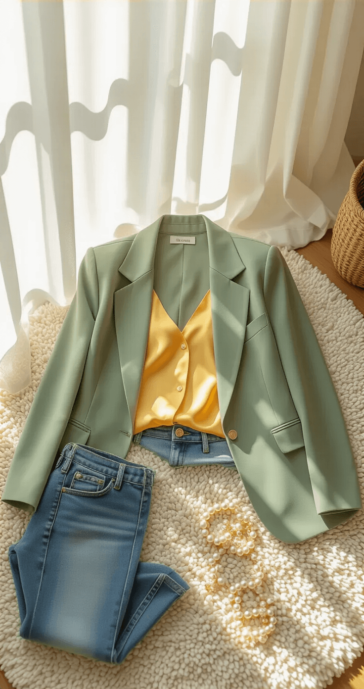 Aerial view of a fashion flat lay showcasing a sage green oversized blazer, butter yellow silk camisole, and premium denim pieces, arranged on a cream textured rug. Gold jewelry and pearl accessories are scattered around, with soft shadows and a focus on fabric textures, all illuminated by diffused afternoon light filtering through white sheer curtains.