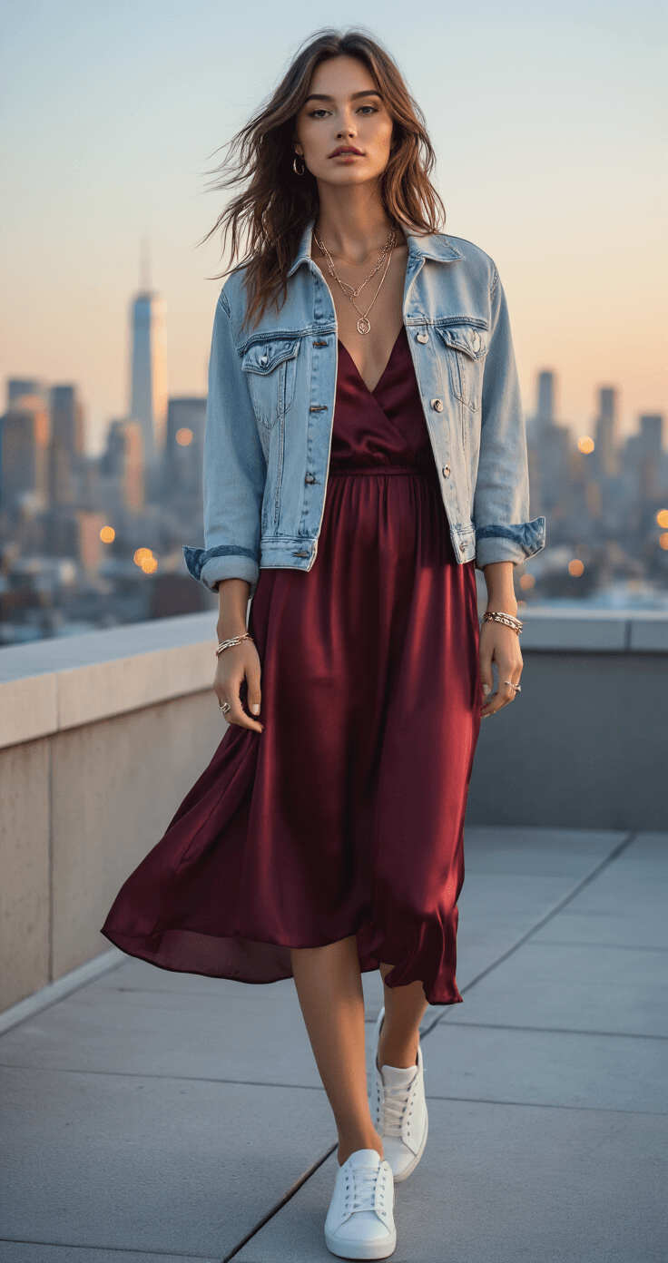 Model in a deep burgundy silk midi dress layered with a light wash denim jacket, wearing white sneakers and mixed metal jewelry, stands on a chic urban rooftop at sunset with a soft-focused city skyline in the background. Hair gently blowing in the breeze, natural makeup enhances her glowing skin, as the shallow depth of field emphasizes her outfit details against blurred city lights.