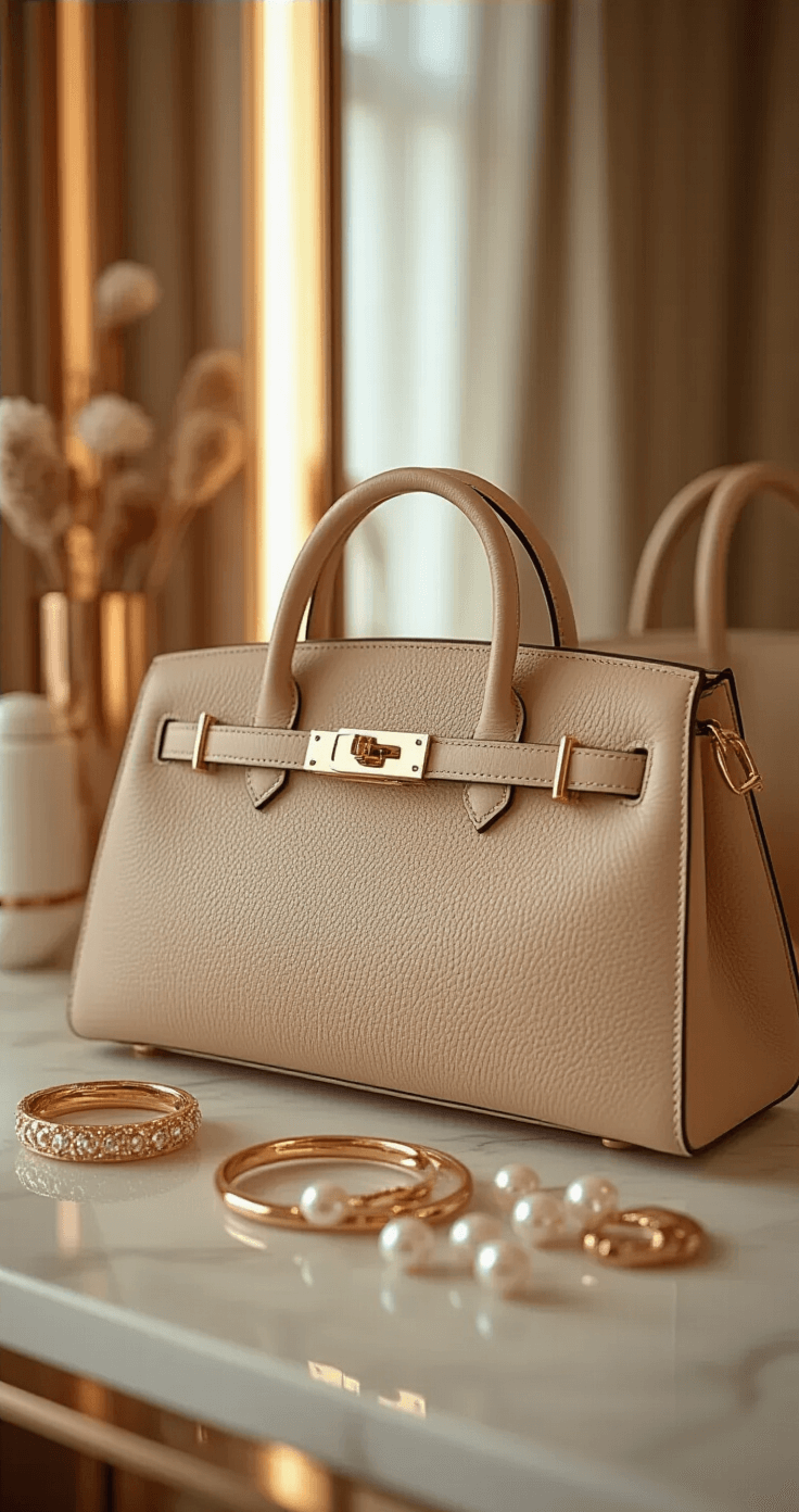 Close-up of a modern boutique interior featuring a curated collection of statement accessories on a mirrored vanity, including a beige leather tote with gold hardware, architectural gold hoop earrings, and elegant pearl stud earrings, highlighted by soft studio lighting and copper accents.
