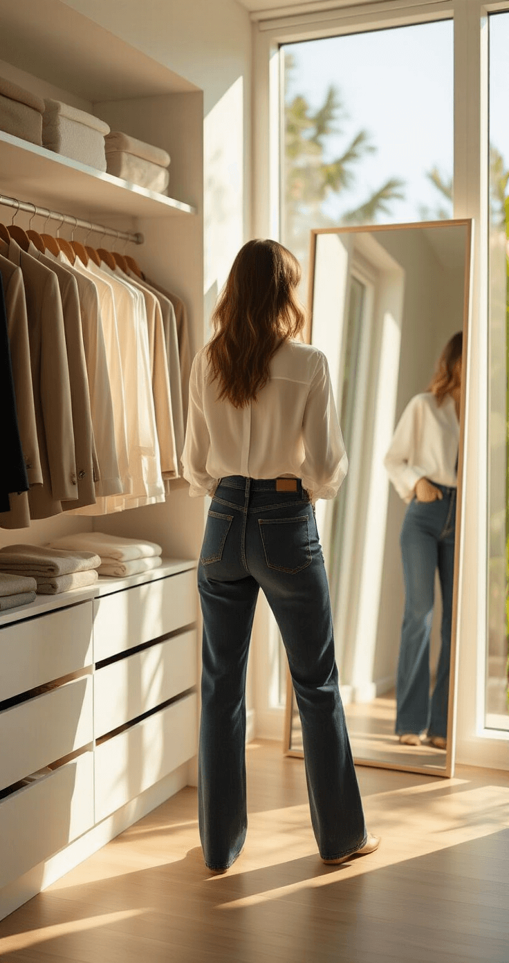 How to Rock Your Style: A Real Girl's Guide to Fashion Confidence Bright, airy walk-in closet with a young woman styling a white silk button-down and jeans, surrounded by neutral-toned blazers on wooden hangers and neatly organized drawers, illuminated by golden hour sunlight.
