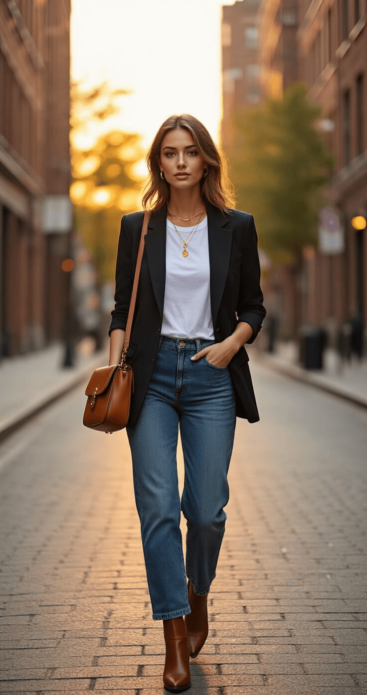 A female model confidently walks during sunset at an urban street corner, wearing a tailored black blazer over a white t-shirt, vintage denim, and leather ankle boots. She carries a cognac brown crossbody bag, with warm light highlighting her delicate gold layered necklaces. The background features brick buildings and a tree-lined sidewalk, captured from a slight low angle to emphasize her movement.