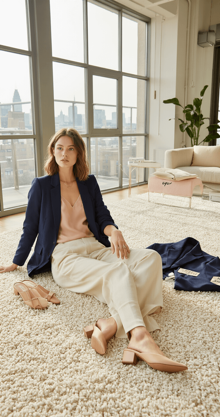 A modern apartment living room with large industrial windows is filled with soft afternoon light, showcasing a fashion flat-lay on plush cream carpet. The arrangement includes a navy blazer, blush pink silk camisole, high-waisted cream trousers, minimal gold jewelry, and nude leather mules, beautifully styled in an overhead shot that emphasizes fabric textures with a shallow depth of field.