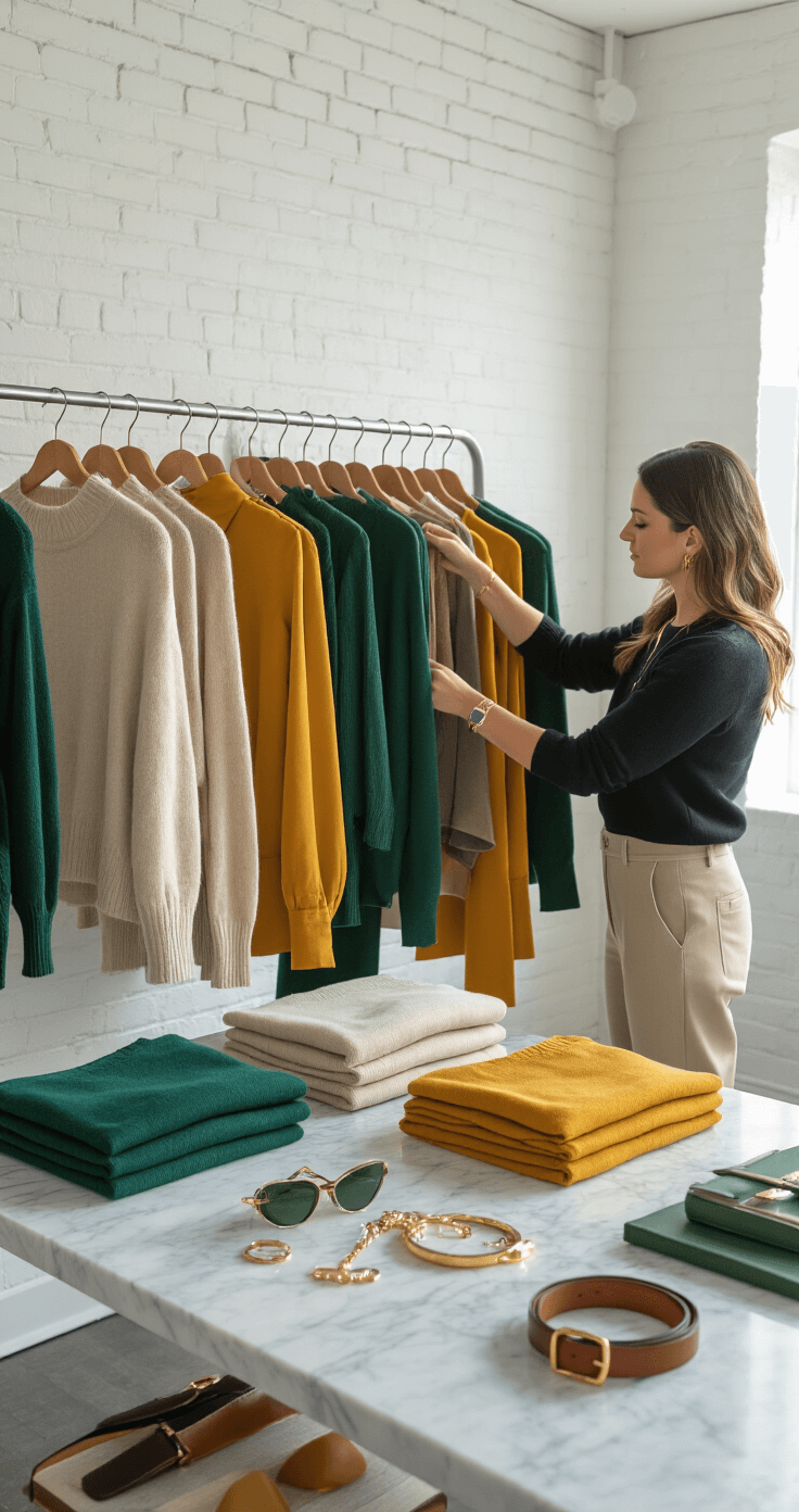 A sunlit studio with white brick walls showcases a stylist arranging a color-coordinated rack of neutral basics, accented with emerald green and mustard yellow. Cashmere sweaters, silk blouses, and tailored trousers are displayed, while a marble surface features organized accessories like designer sunglasses, leather belts, and gold-tone jewelry, capturing the creative process in a behind-the-scenes documentary style.