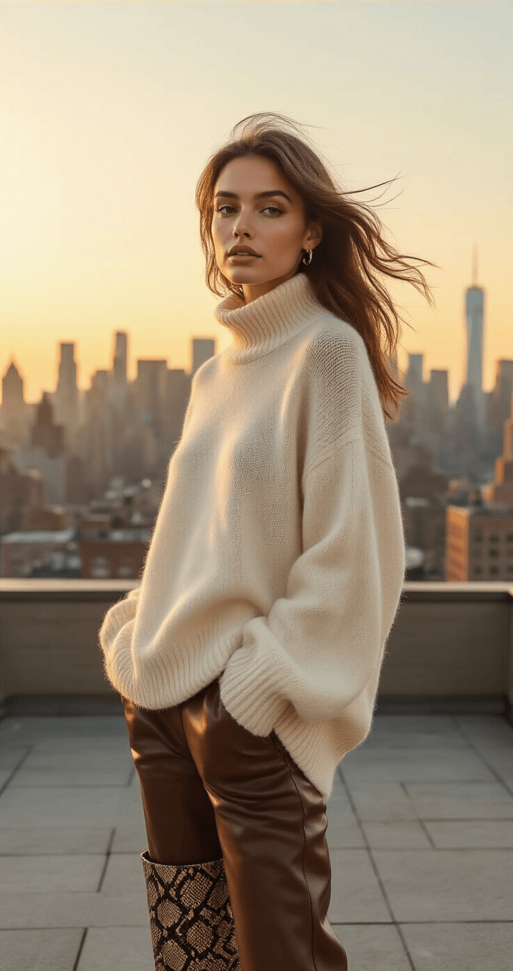 A model in an oversized cream cashmere sweater and chocolate brown leather pants poses on a rooftop during golden hour, with a city skyline backdrop. Wind gently lifts her hair, creating a candid moment. Snakeskin ankle boots and rich autumn colors enhance the urban setting, captured from a slightly elevated angle to highlight the dramatic lighting.