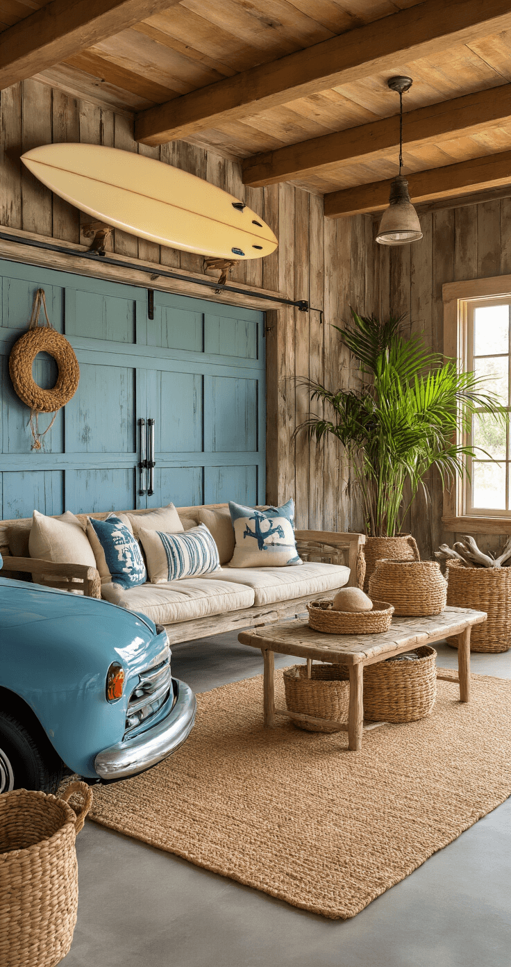 Cozy coastal-inspired garage with distressed wood paneling, a weathered blue garage door, vintage surfboard, sand-colored loveseat with nautical pillows, and a classic wood-paneled station wagon on a jute rug, all illuminated by warm afternoon light.