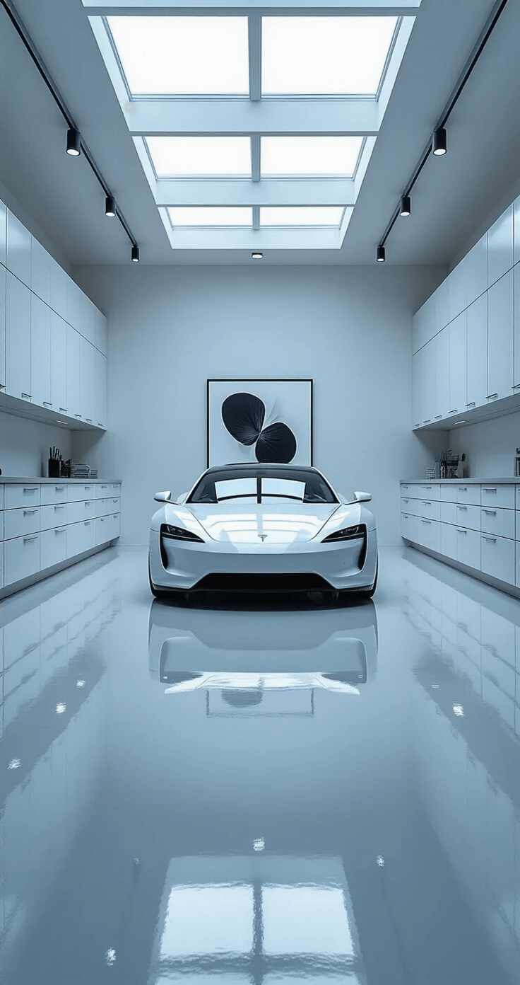 A minimalist garage with glossy white epoxy floors, flooded with daylight from skylights, featuring a state-of-the-art electric car on a raised platform, sleek handle-less cabinets, and a striking piece of modern art, all in a monochromatic palette of white and light gray.