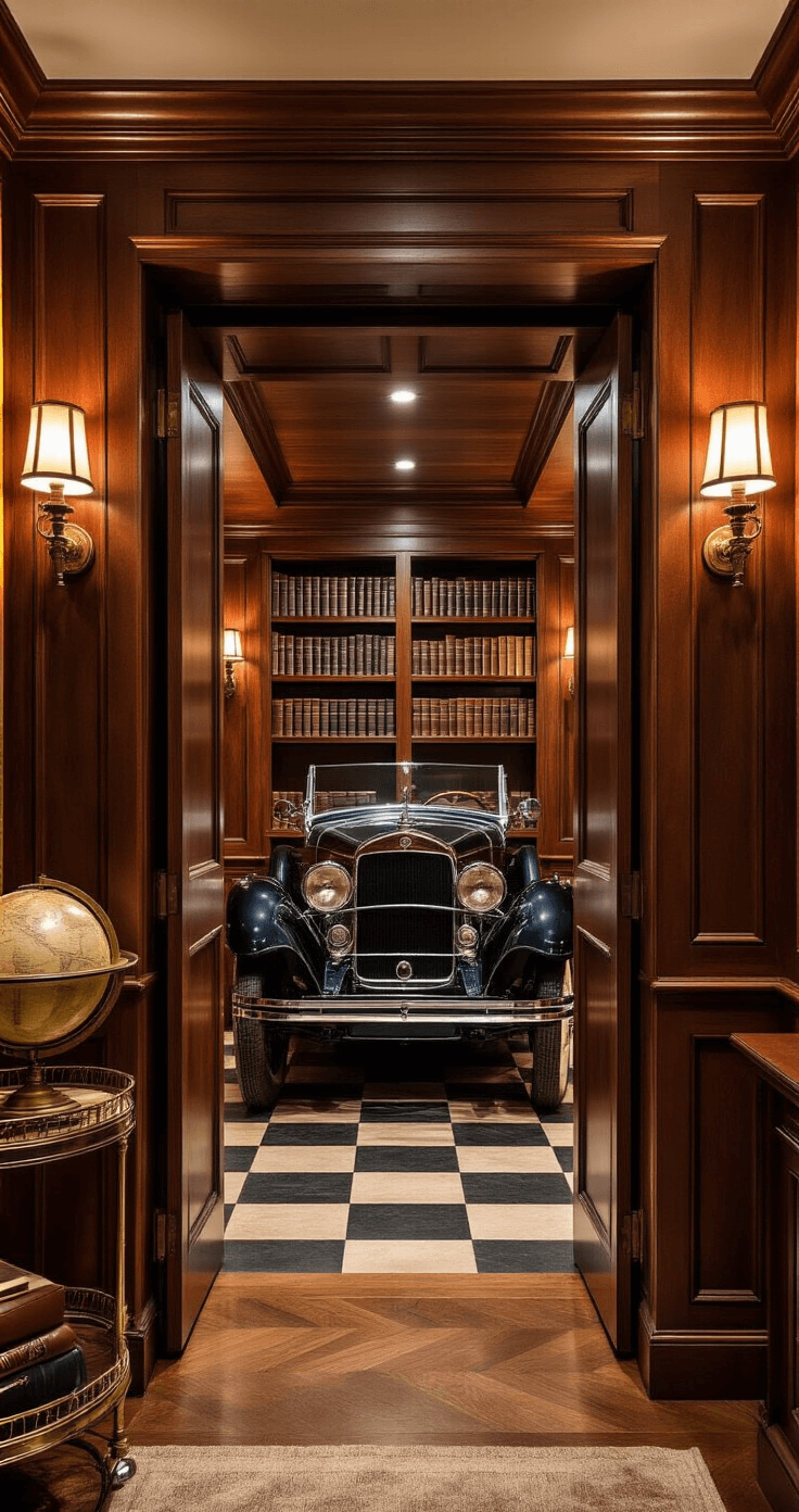 A dimly lit hidden garage behind pivoting bookcases, featuring a vintage roadster partially visible, warm ambient lighting from art deco sconces, rich mahogany paneling, leather-bound books, a globe bar cart, and a transition from herringbone hardwood to checkered tiles, all captured through the partially open bookcase.