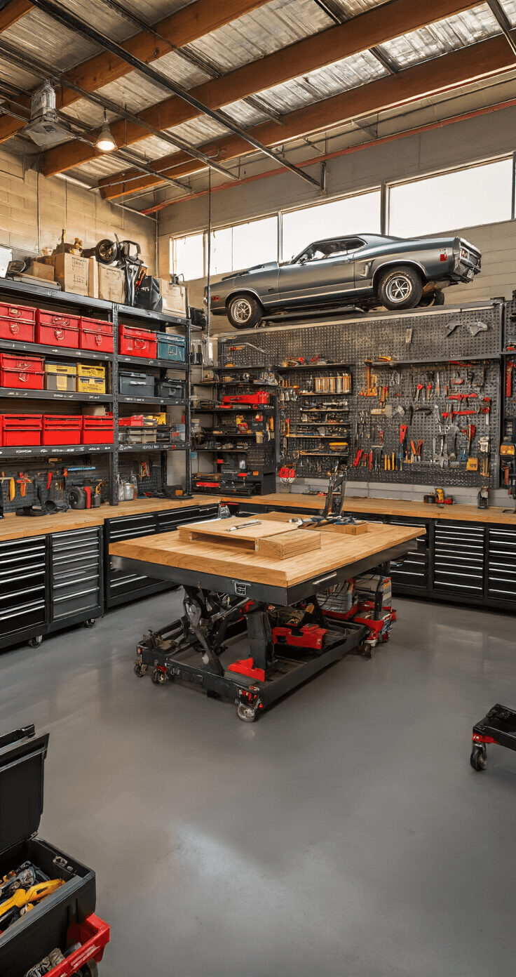 A beautifully organized garage workshop measuring 28x32ft, illuminated by golden hour light, featuring industrial shelving units filled with color-coded toolboxes, a central island workbench with a butcher block top and power tools, neatly displayed hand tools on pegboards, a restored muscle car on a hydraulic lift, and rolling tool carts, all set on a durable gray epoxy floor.