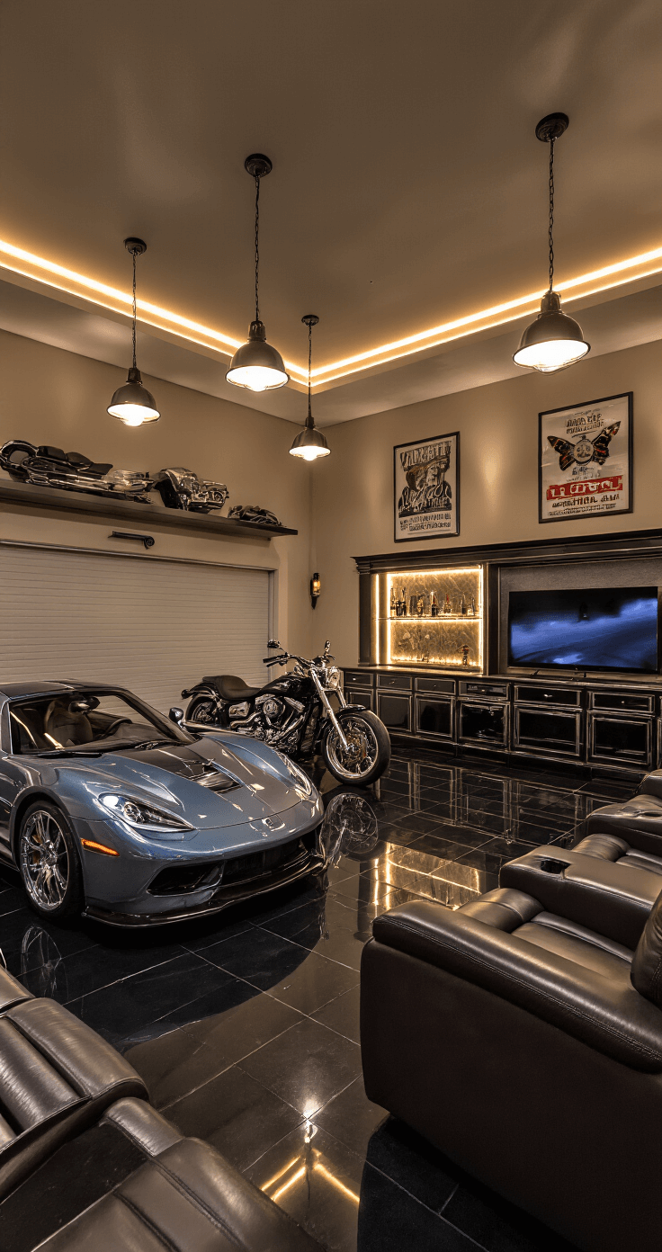 A luxurious multi-purpose garage lounge featuring a high-end sports car and motorcycle, plush leather seating, a large flat-screen TV, and a fully equipped bar, all illuminated by soft evening light with polished black tile floors and decorative memorabilia on the walls.