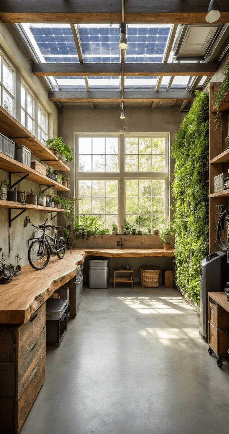 An eco-friendly garage workspace featuring large windows, reclaimed wood shelving, a live-edge workbench, and smooth concrete floors, highlighted by solar panels through a glass ceiling and a wall of vertical gardens, with an electric bicycle, recycled metal storage, and a compact electric car charging.