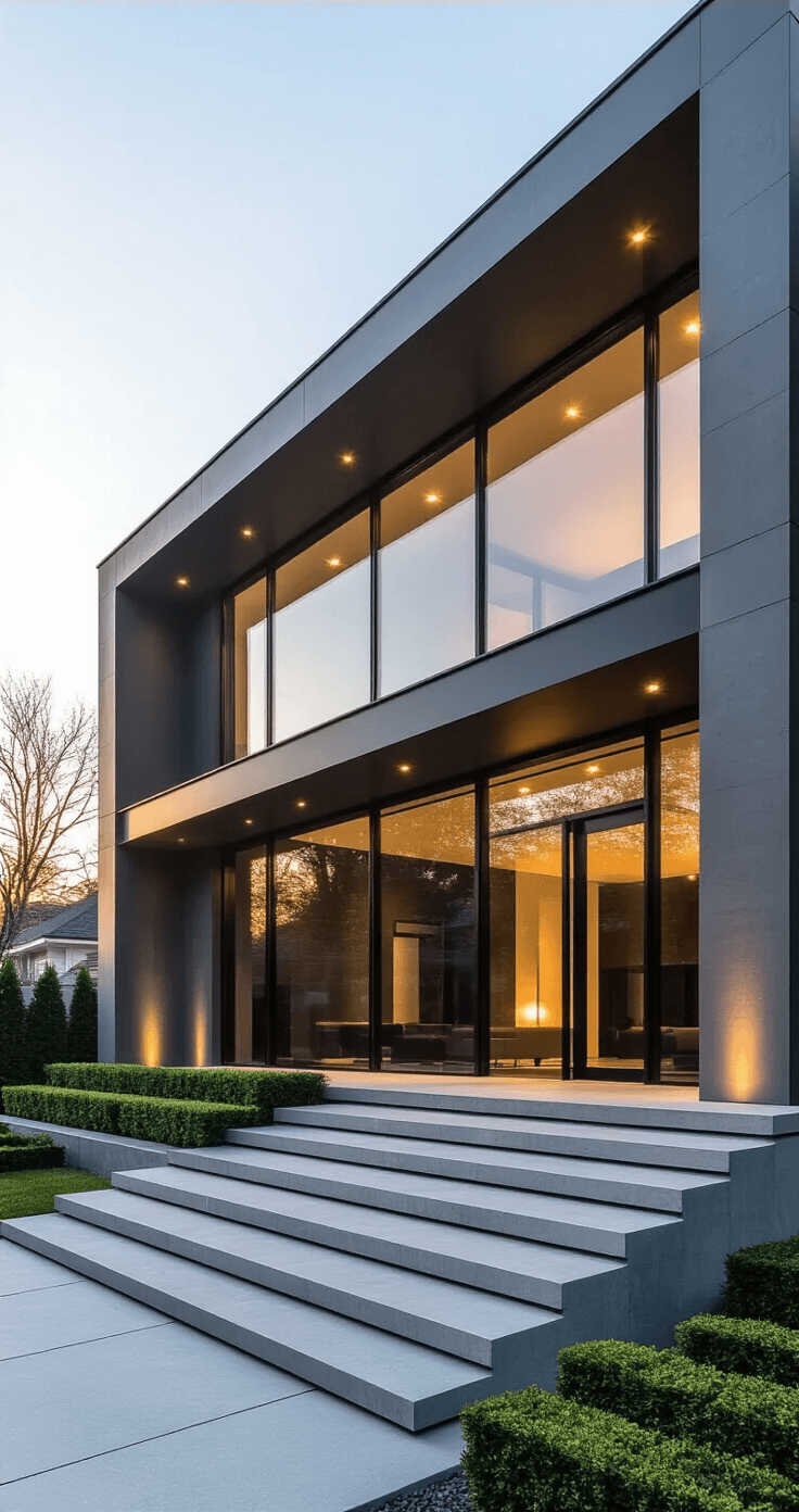 A contemporary mansion exterior with clean lines and floor-to-ceiling windows, illuminated by late afternoon sunlight, featuring a gray color scheme, minimalist landscaping, and a floating staircase leading to a glass door, captured from a low angle amidst warm sky hues.