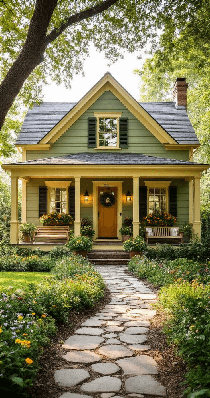 A cozy suburban cottage with warm sage green siding and buttery yellow trim, featuring a charming front porch with a wooden swing and potted plants, surrounded by colorful flower boxes and wildflowers along a winding stone path, framed by mature trees under soft morning light.
