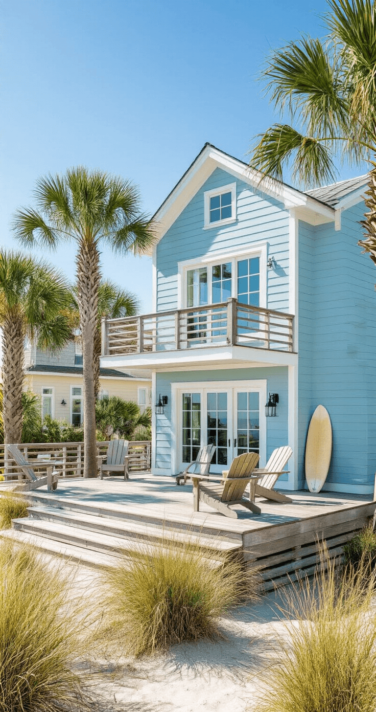 A breezy beach house with light blue siding and sandy beige trim, featuring a wraparound deck, large windows, and French doors, surrounded by palm trees and ornamental grasses, under bright midday sun.
