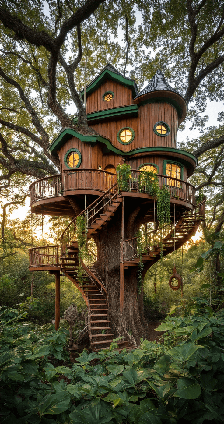 A whimsical treehouse exterior, 25 feet wide and 35 feet tall, nestled among oak trees at golden hour, featuring rich brown wooden siding with green trim, multiple levels connected by staircases and rope bridges, circular windows, leaf-shaped cutouts, and draping vines, captured from a low angle with dappled lighting filtering through the leaves, creating a magical and adventurous mood.