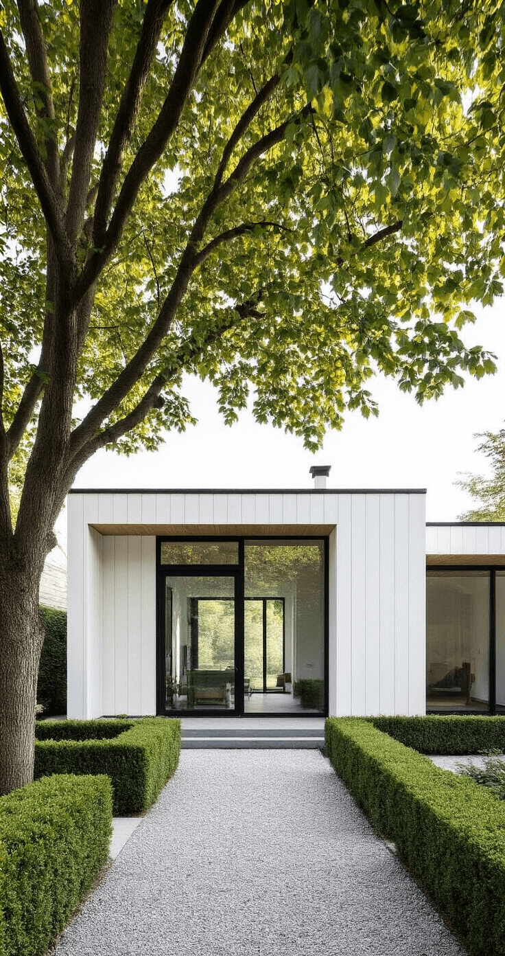 A serene Scandinavian-inspired home with white siding, pale wood accents, and black-framed windows, set against a cool early morning light. The minimalist design features a flat roof, large glass panels, trimmed hedges, and a gravel path, framed by a single statement tree.