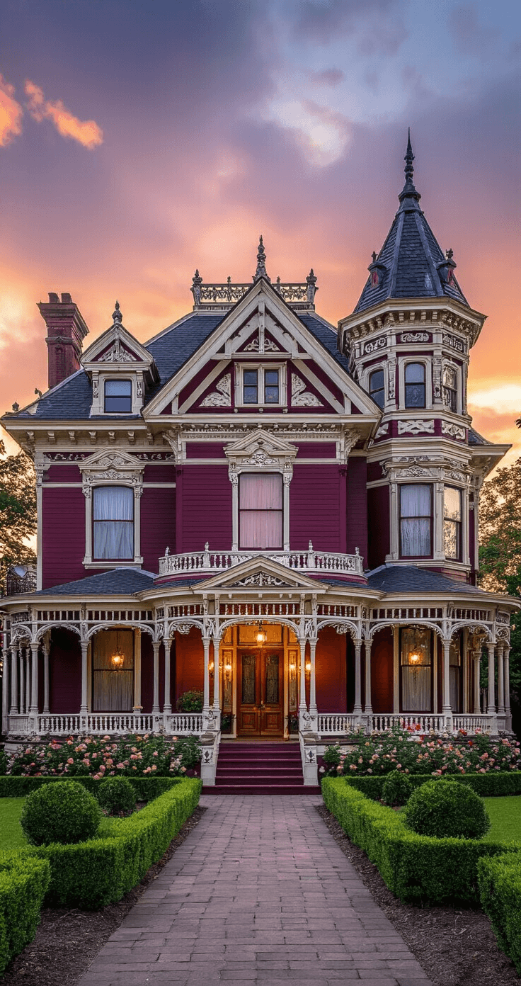 A grand Victorian mansion with rich burgundy siding and ornate white trim, featuring a complex roofline with multiple gables and a turret, photographed at sunset. The wrap-around porch showcases elaborate spindle work, surrounded by manicured topiaries and rose bushes, all highlighted by warm lighting that enhances the home's opulent and romantic atmosphere.