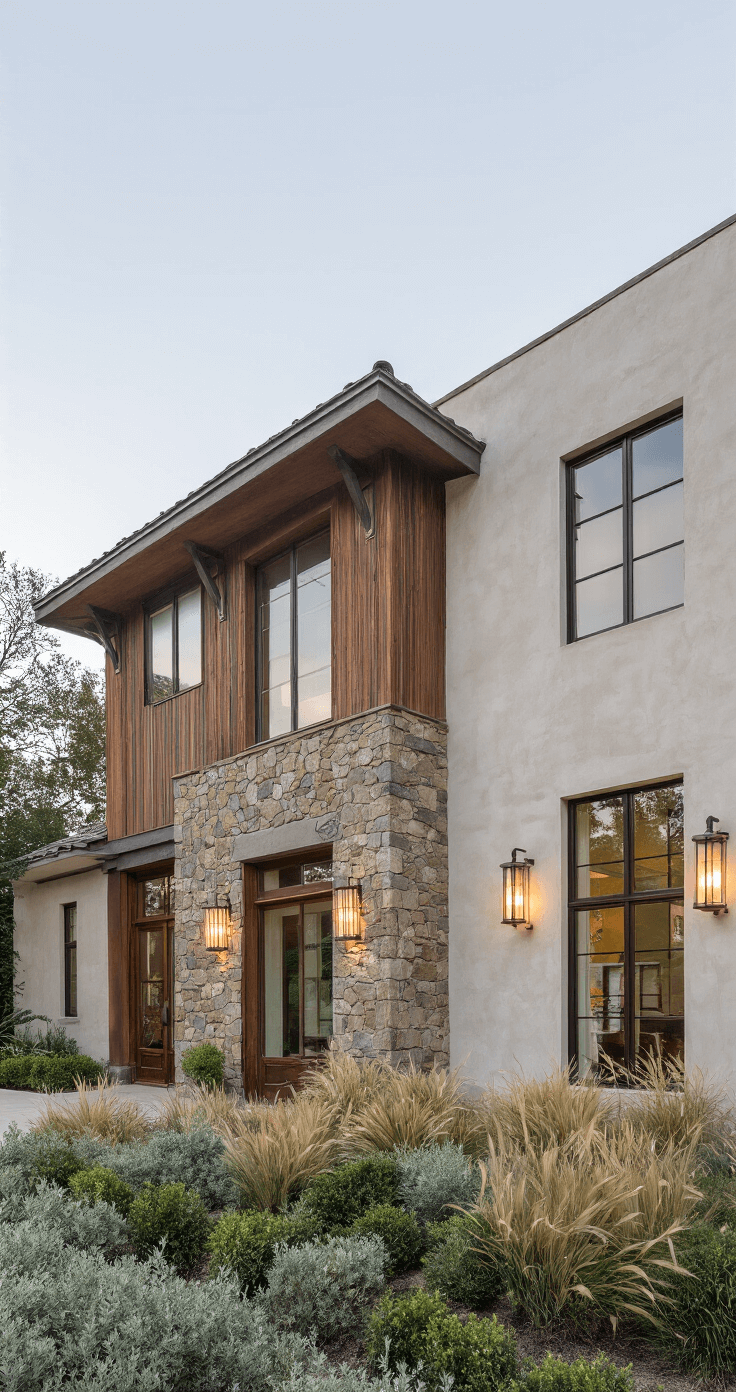 A textured building facade featuring rough stone at the base, warm wood vertical paneling in the middle, and smooth stucco on the upper level, set against soft overcast light. Varied window styles add visual interest, complemented by layered shrubs and ornamental grasses in the landscaping, with warm outdoor lighting creating a harmonious and tactile atmosphere.