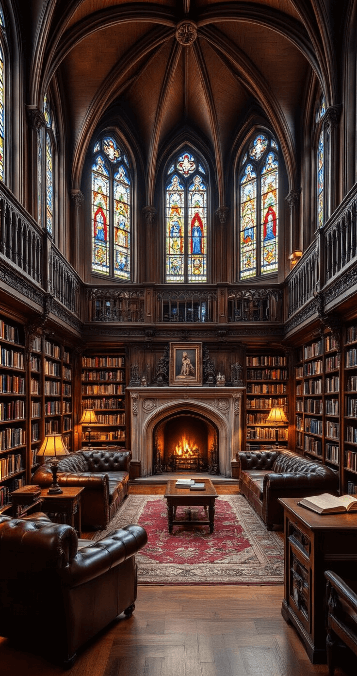A grand Gothic-inspired library filled with books, featuring soaring ceilings, stained glass windows casting colorful patterns, overstuffed leather armchairs, study carrels, and a grand fireplace, all bathed in warm, inviting afternoon light.