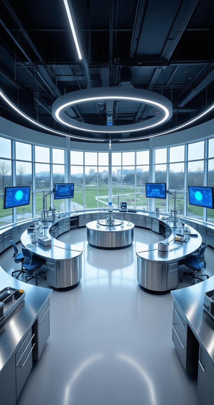 A futuristic science laboratory featuring circular stainless steel workstations, high-tech equipment, and neon blue lighting, with large windows offering a panoramic view of the campus.