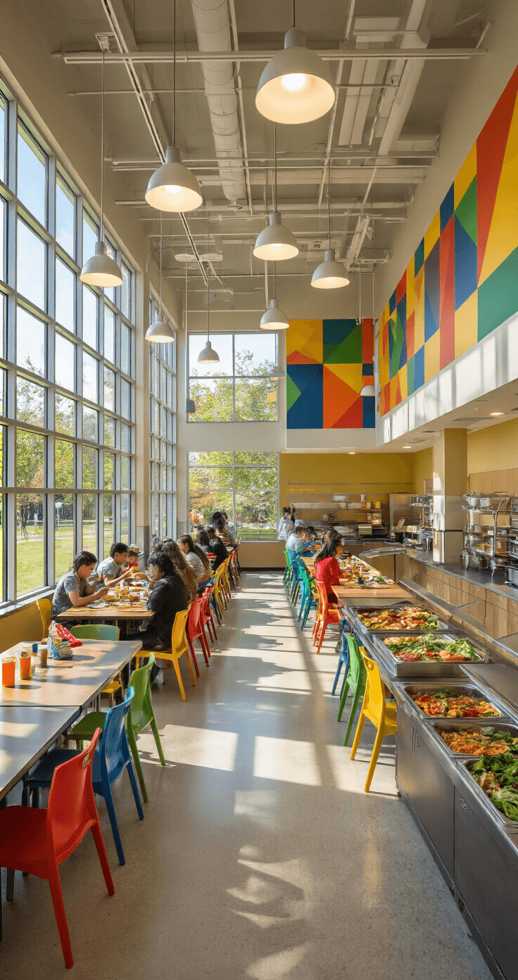 A lively school cafeteria during lunch, featuring colorful chairs, diverse food stations, natural light from large windows, and geometric accent walls, bustling with students and activity.