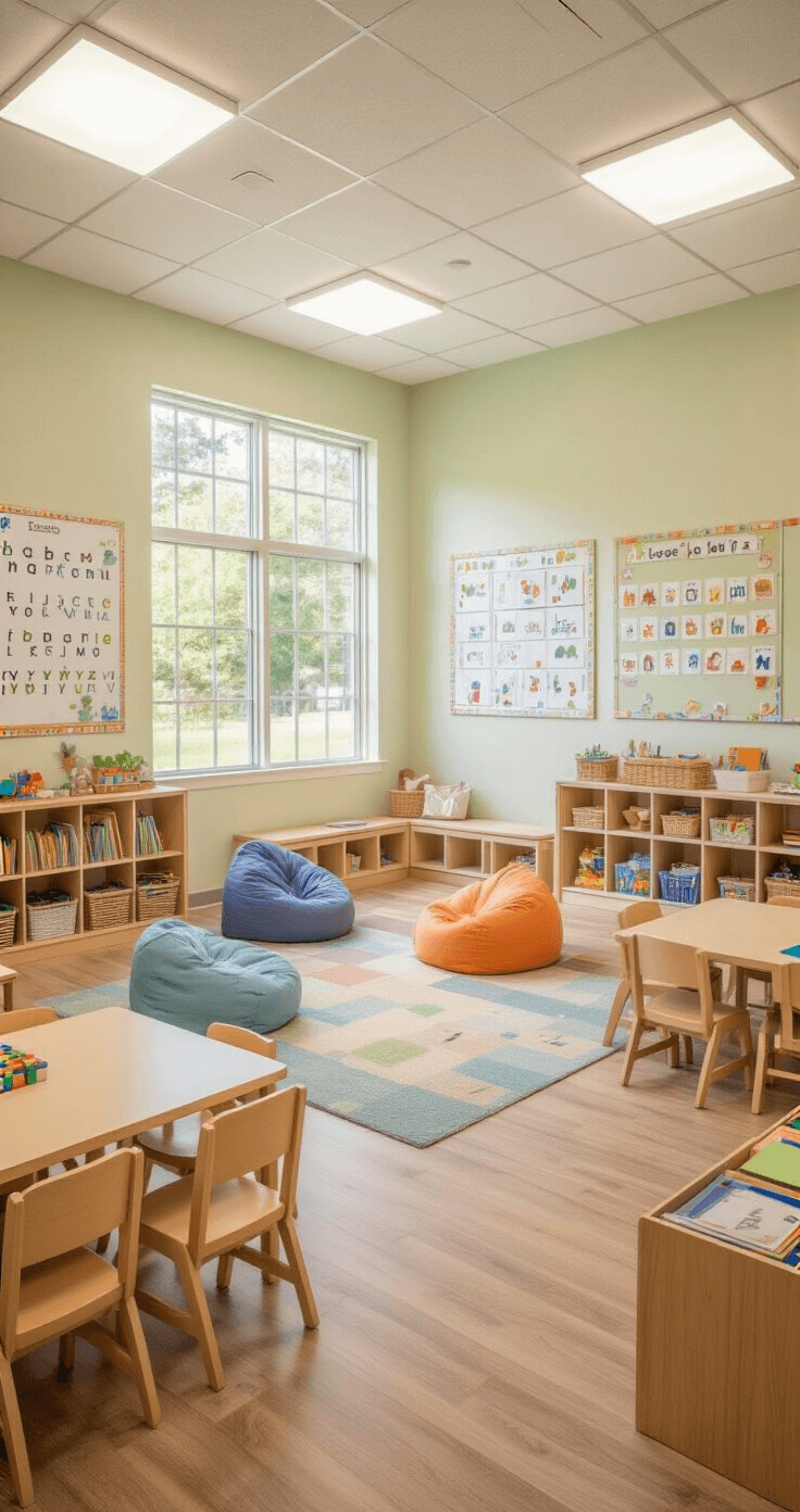 A bright and inviting elementary school classroom with pastel-colored walls, alphabet charts, child-sized furniture in clusters, a cozy reading nook with bean bags, a hands-on learning station, and large windows allowing natural light to illuminate the space.