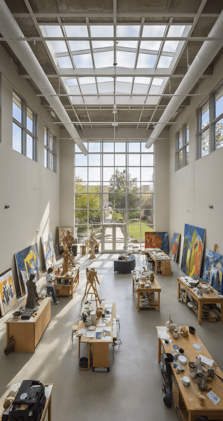 An inspiring fine arts wing with interconnected studios for painting, sculpture, and digital arts, featuring a central atrium illuminated by a skylight, large windows overlooking a sculpture garden, and an industrial-chic design with exposed ductwork and polished concrete floors, creating a collaborative environment for student artwork.