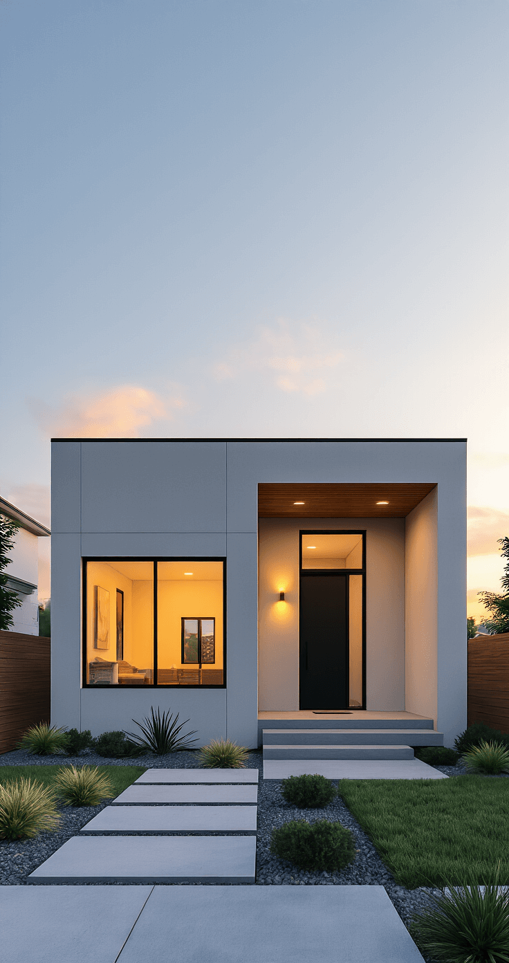 A modern single-story starter home with clean lines and a flat roof, featuring floor-to-ceiling windows that reflect the sunset. The light gray stucco exterior is accented with wood, and a minimalist concrete path leads to a sleek black front door. The well-manicured front yard showcases drought-resistant plants, all illuminated by soft, golden hour lighting.