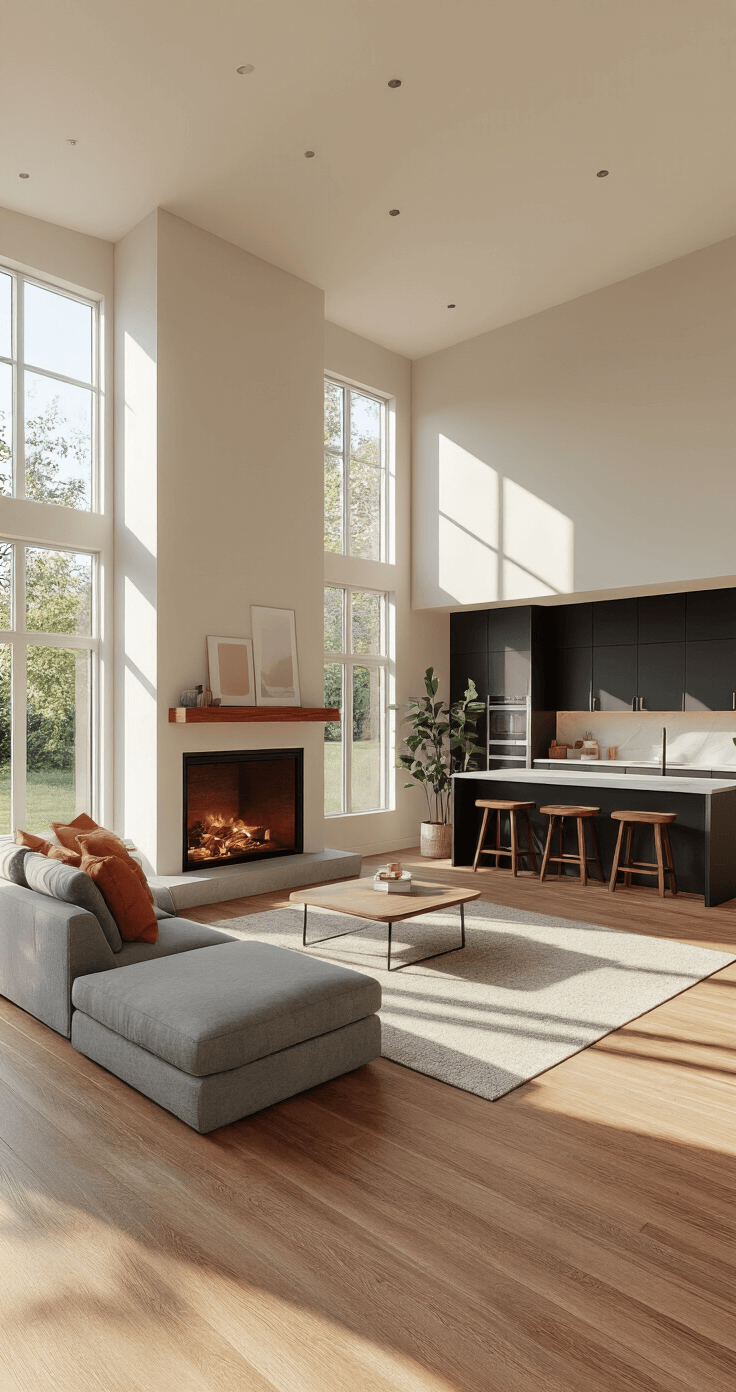Interior of a modern Bloxburg home, featuring a spacious open-plan living area with a gray sectional, a fireplace with a wooden mantle, and a kitchen with matte black cabinets, all warmly lit by late afternoon sunlight.
