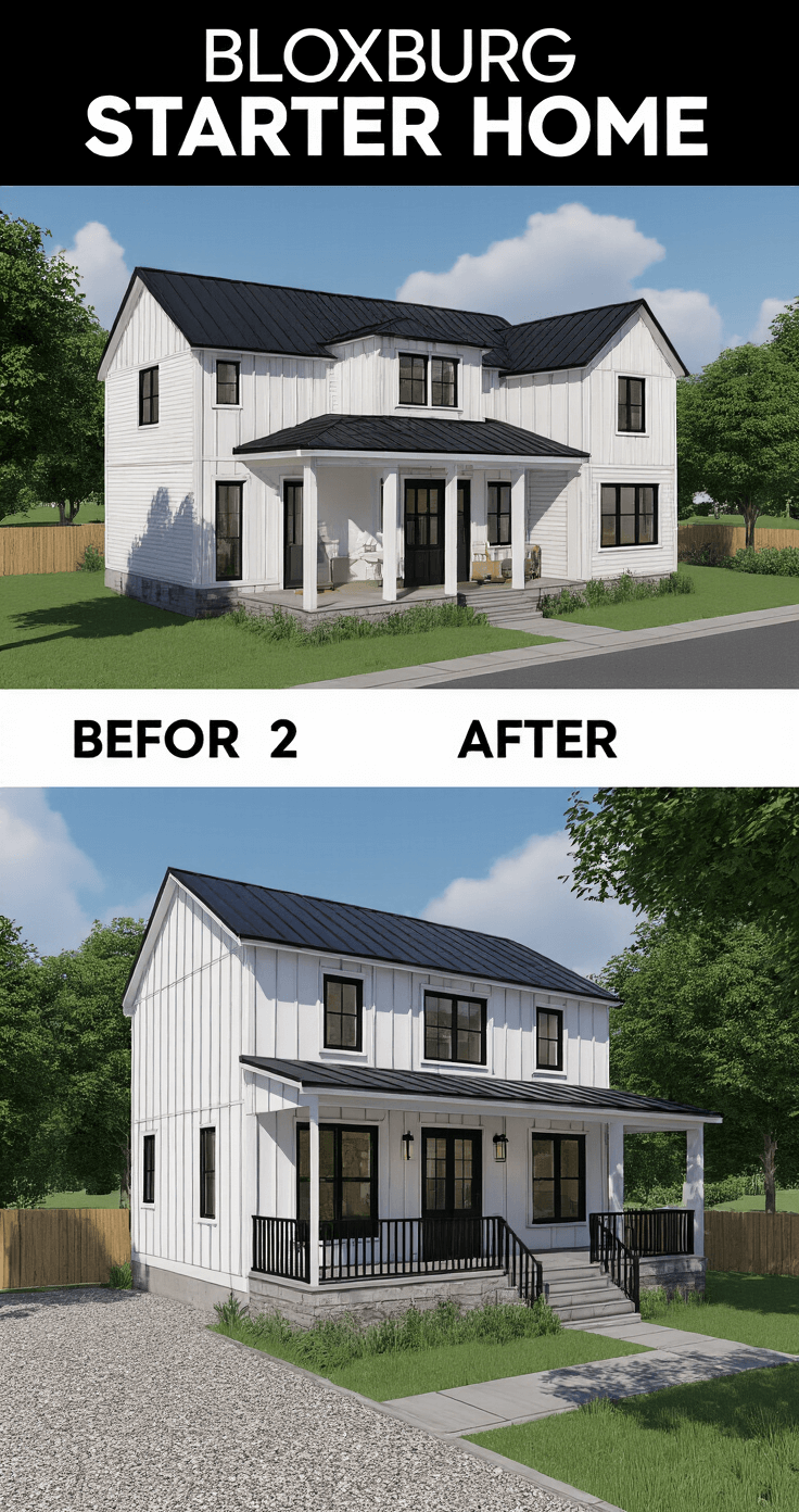 Before and after split-screen of a Bloxburg starter home renovation, showcasing a basic boxy home on the left and a transformed two-story modern farmhouse with white board-and-batten siding, dark metal roof, wrap-around porch, and new landscaping on the right.