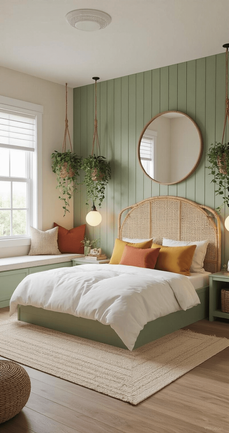 A cozy Bloxburg bedroom featuring a platform bed with a rattan headboard against a sage green shiplap wall. The bed is dressed in layered white bedding with mustard and terracotta pillows, complemented by hanging plants and a round mirror. A built-in window seat under a bay window adds charm, while natural light and warm ambient lighting illuminate the space, captured from a corner to highlight depth and details.