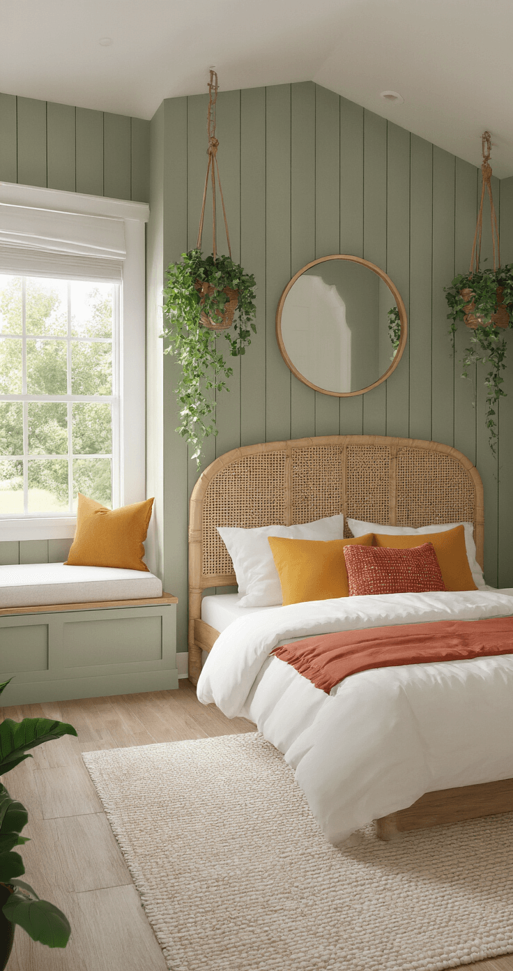 A cozy Bloxburg bedroom featuring a platform bed with a rattan headboard against a sage green vertical shiplap wall, layered white bedding with mustard and terracotta pillows, hanging plants, a large round mirror, and a built-in window seat under a bay window, with natural light and warm ambient lighting enhancing the space.