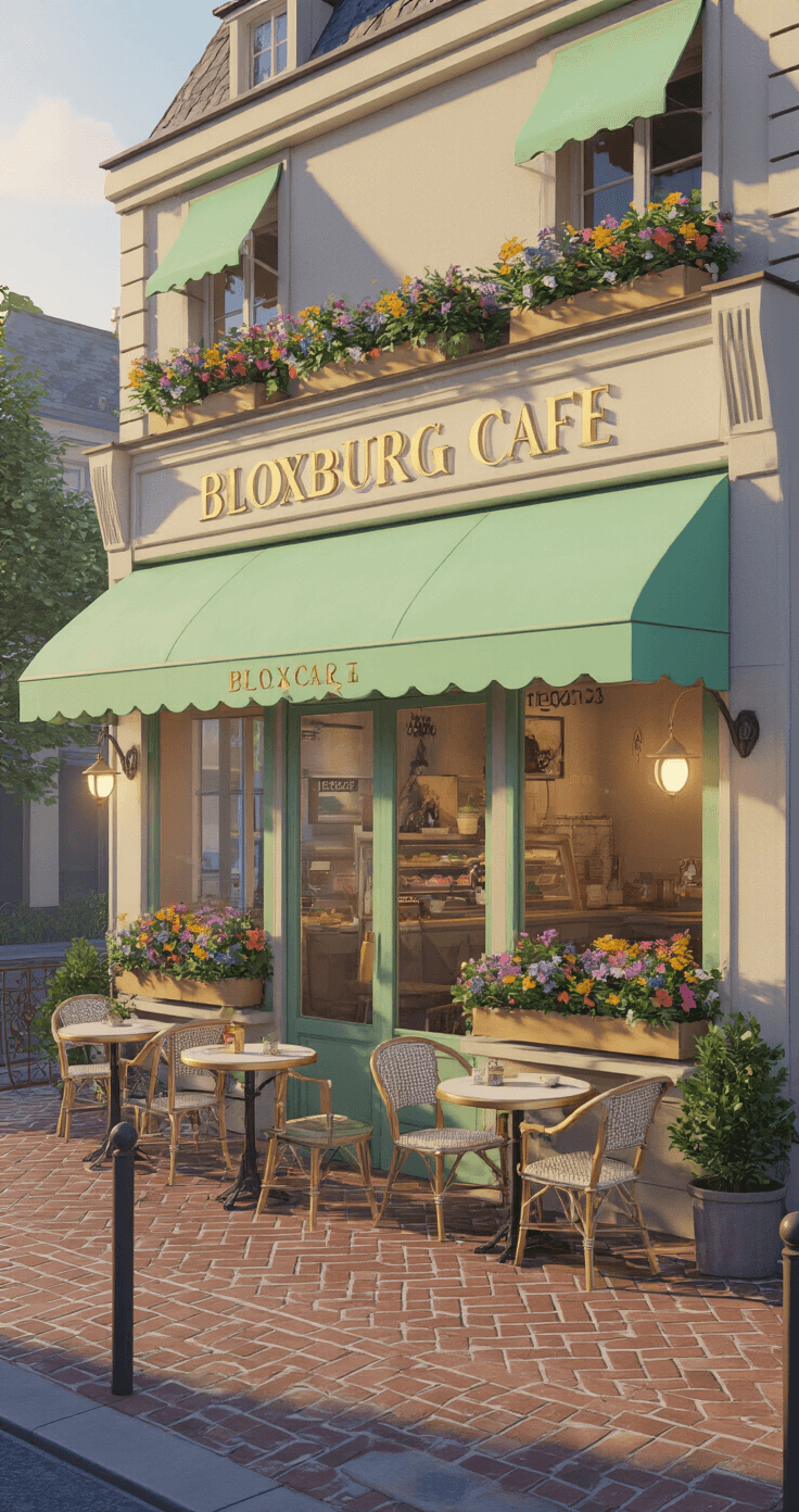 A charming Bloxburg cafe with a Parisian-inspired facade, featuring mint green awnings and gold lettering, surrounded by colorful flower-filled window boxes. Bistro tables and chairs line a herringbone brick patio, illuminated by soft, morning light that highlights the warm glow from the cafe's steamy windows.