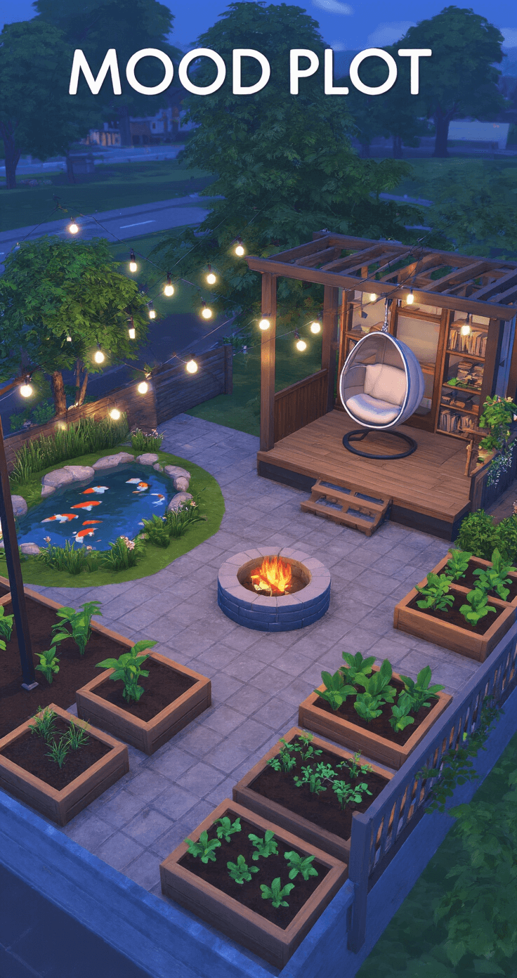 A dusky Bloxburg mood plot featuring a zen garden with a koi pond, a cozy reading nook with a hanging egg chair, and a miniature vegetable garden with raised beds, all connected by a central fire pit. Overhead fairy lights cast a magical glow, blending warm ambient lighting with cool blue tones for a dreamy atmosphere, captured from a slightly elevated angle.