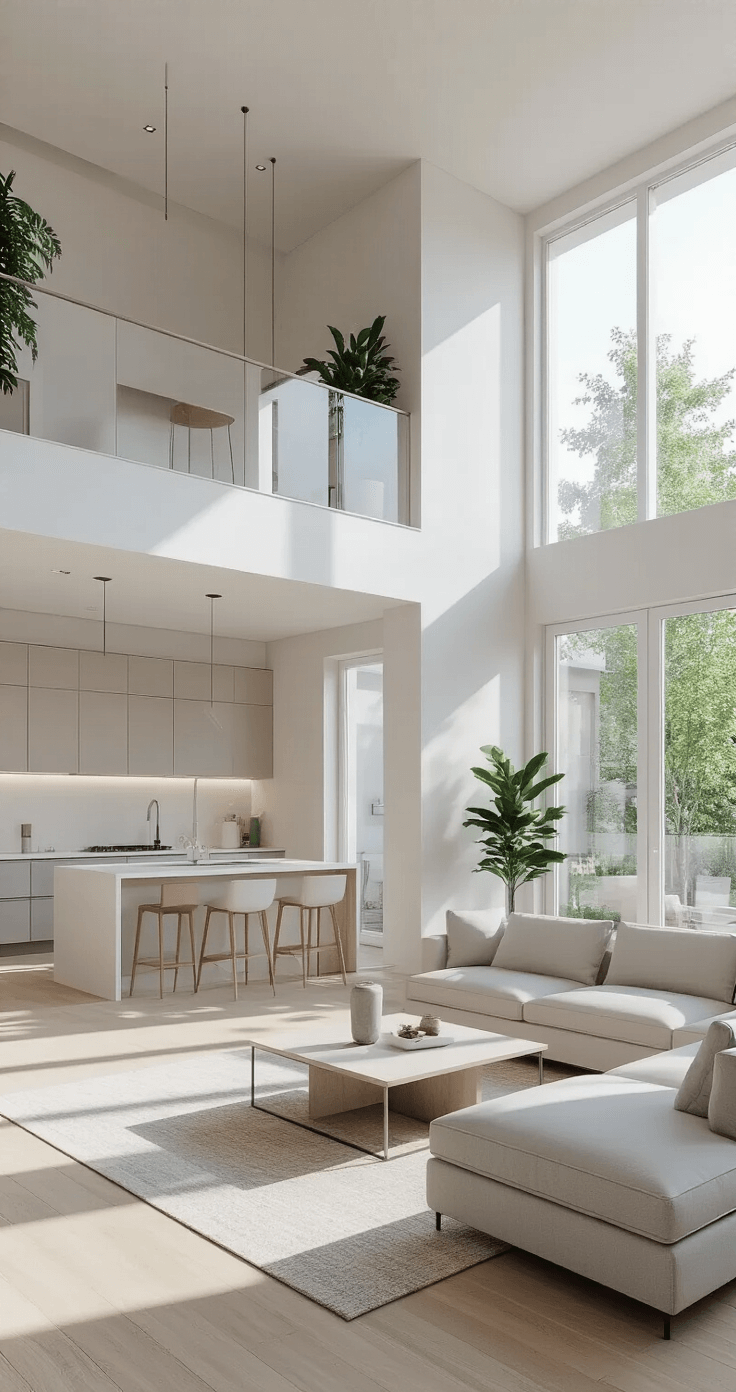 2-Story Bloxburg Houses: Endless Possibilities for Every Player A spacious, modern minimalist open-concept living area in a 2-story Bloxburg house, featuring soft morning light, a neutral color palette, a sleek kitchen with an island, a simple dining table, a low-profile sectional, and potted plants.