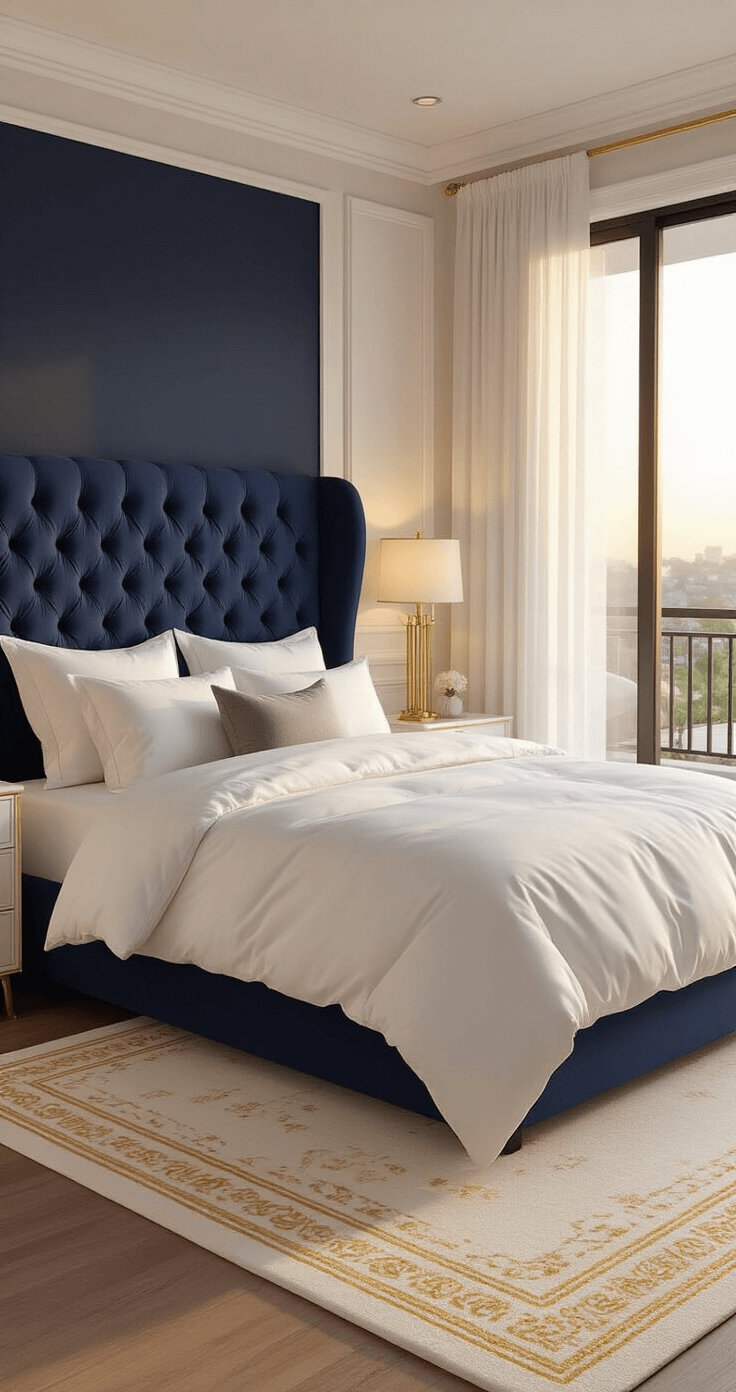 2-Story Bloxburg Houses: Endless Possibilities for Every Player A luxurious master bedroom in a modern Bloxburg villa, featuring a king-size bed with white linens and navy velvet tufted headboard, warm light from sheer curtains, sleek nightstands with gold lamps, a cream and gold area rug, and floor-to-ceiling windows leading to a private balcony.