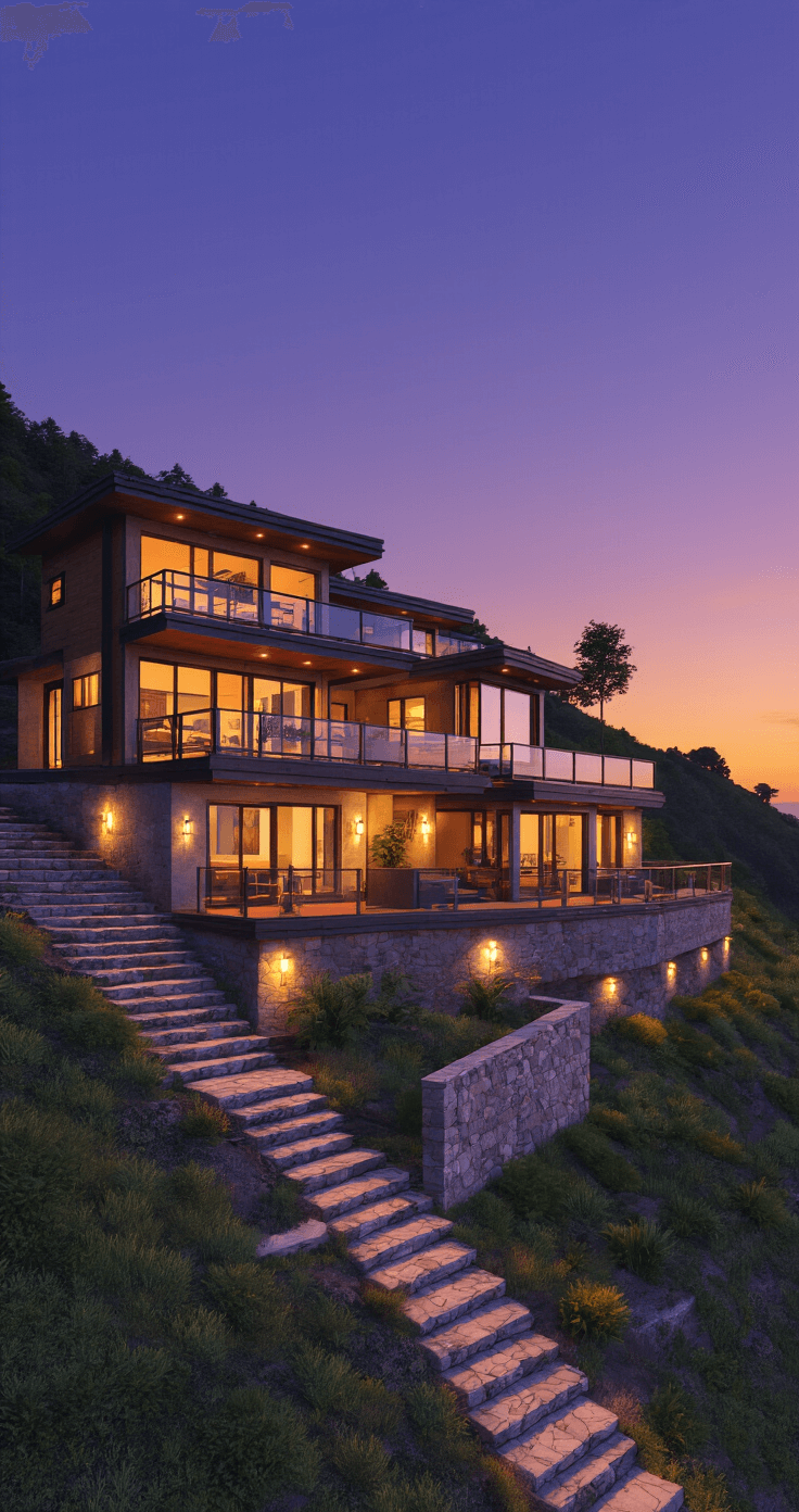 2-Story Bloxburg Houses: Endless Possibilities for Every Player An inviting hillside home at twilight featuring a staggered design with stone pathways, warm exterior lighting, a modern facade with wood and stone, and large windows. An expansive deck offers panoramic views amid lush landscaping. The sky displays deep purples and oranges of sunset, captured from a low angle to emphasize the home's scale against the hillside backdrop.