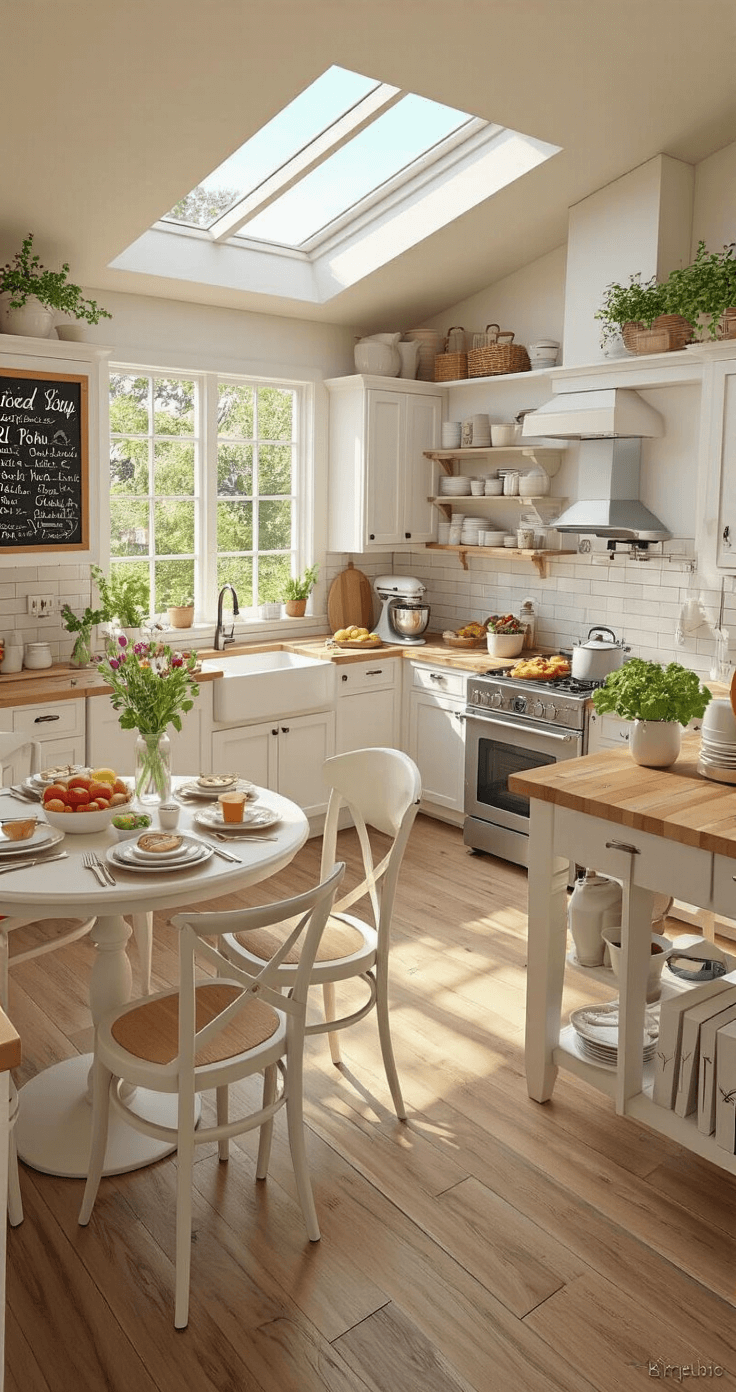 2-Story Bloxburg Houses: Endless Possibilities for Every Player A bustling gourmet kitchen in a mid-range Bloxburg house, filled with natural light, featuring white shaker cabinets, a butcher block island, stainless steel appliances, and open shelving with colorful cookware and fresh herbs, viewed from above. A breakfast nook with a round table set for four and vintage chairs adds character, while a stand mixer whirs and fresh flowers bloom in a vase.